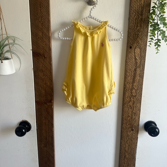 Y2K Ralph Lauren Baby Girl Yellow Ruffled Bubble Ruffle Romper Pink Logo - Picture 6 of 15